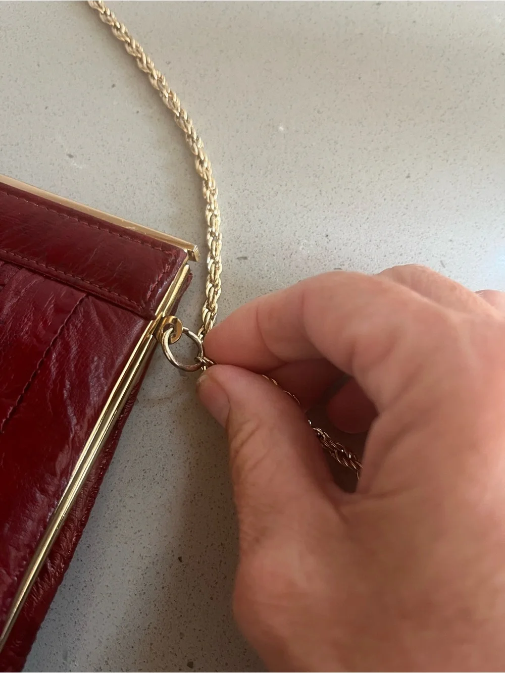 Vintage Genuine Eel Skin Clutch Cocktail Purse Chain Strap Wallet Burgundy Korea